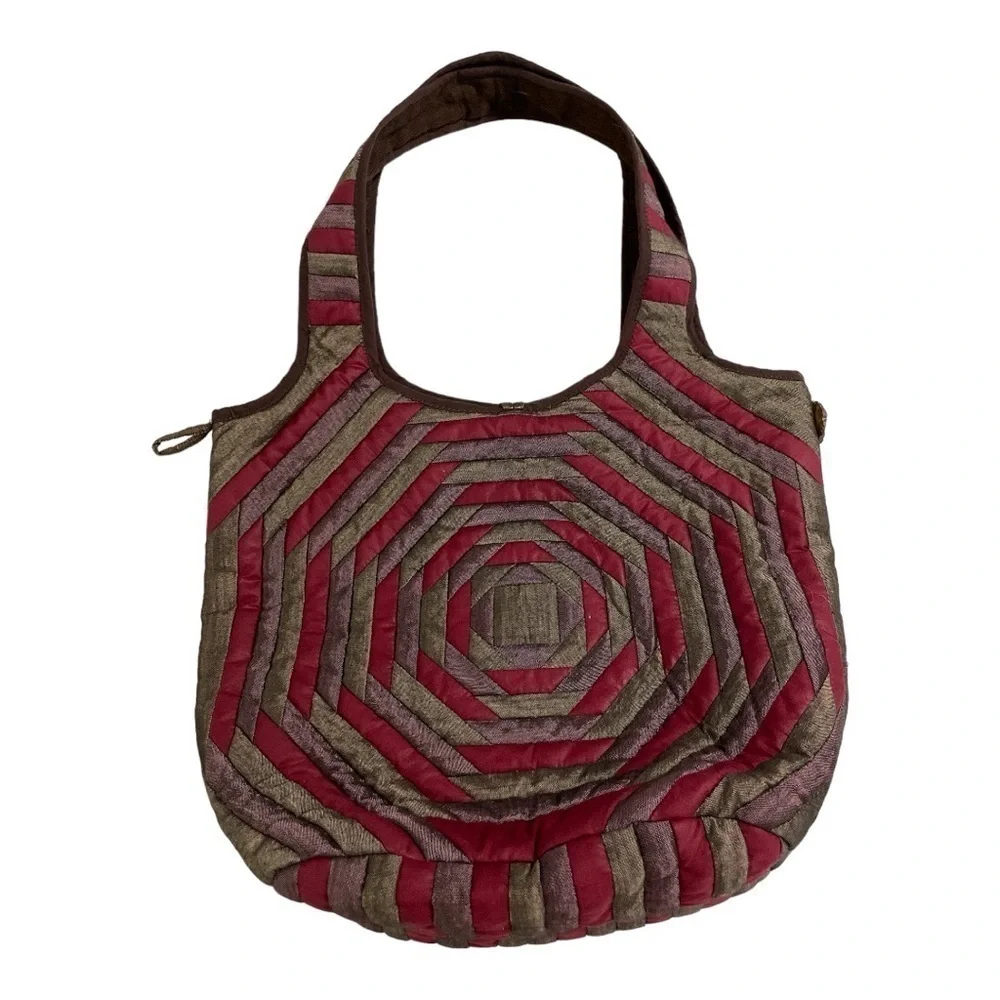 Boho Quilted Silk Shoulder Bag | Red Brown Patchwork Hobo | Coconut Button